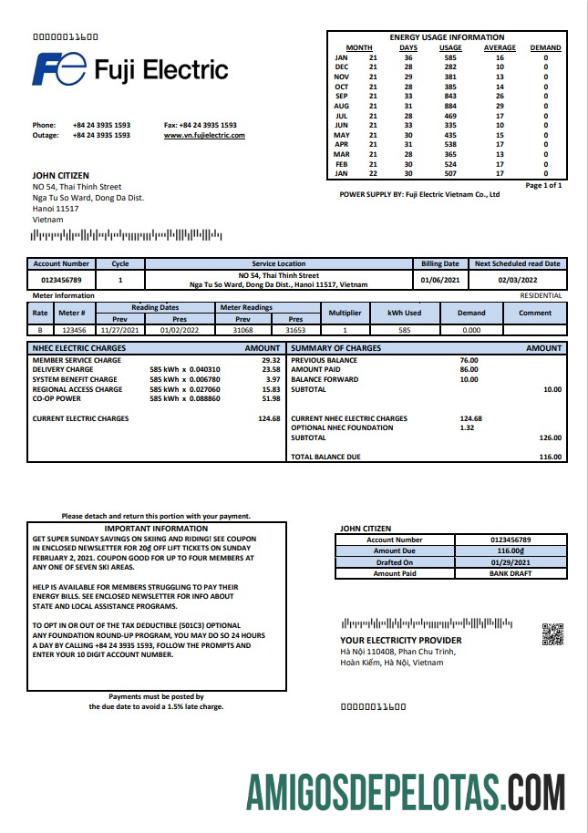 imprimível Modelo de conta de serviços públicos da Vietnam Fuji Electric Vietnam Co. em formato Word